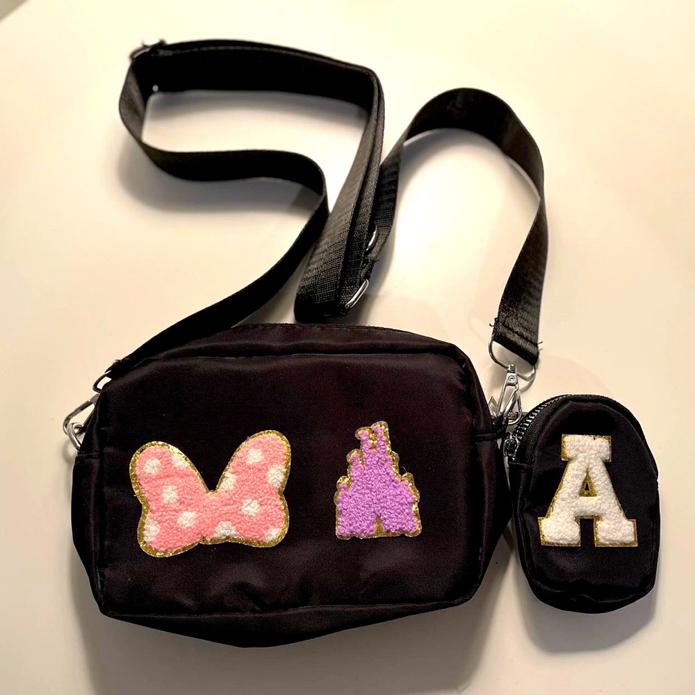 Hand stitched chenille iron patches, black crossbody